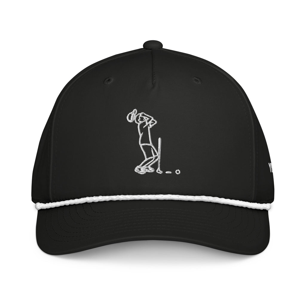 "Near Miss Society" golf rope hat in black with white rope, front view