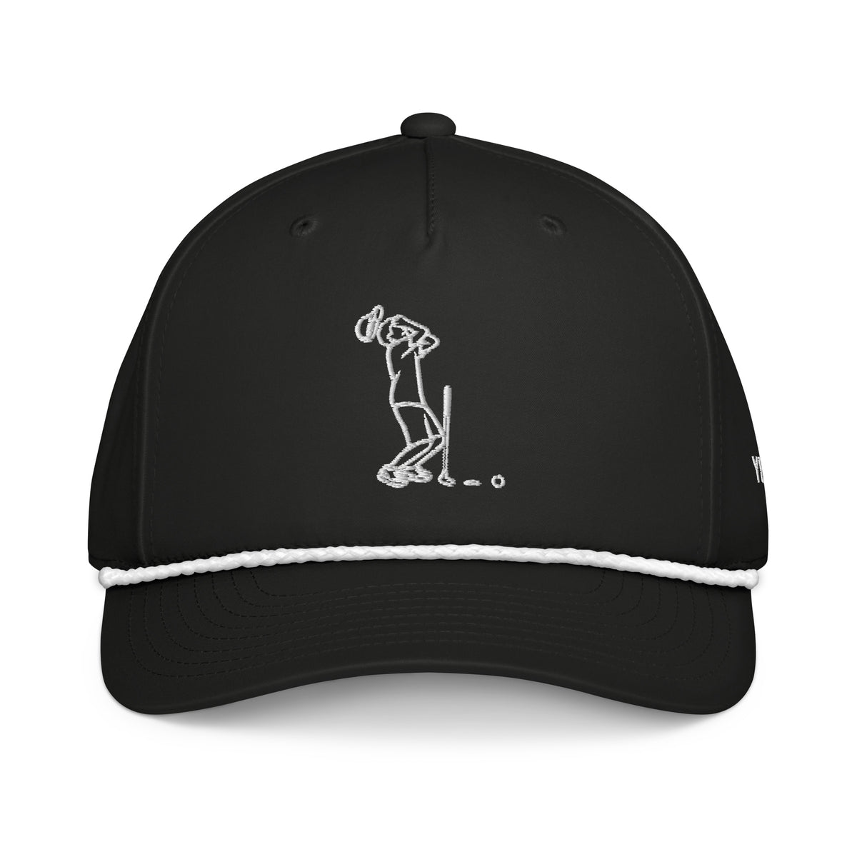 "Near Miss Society" golf rope hat in black with white rope, front view