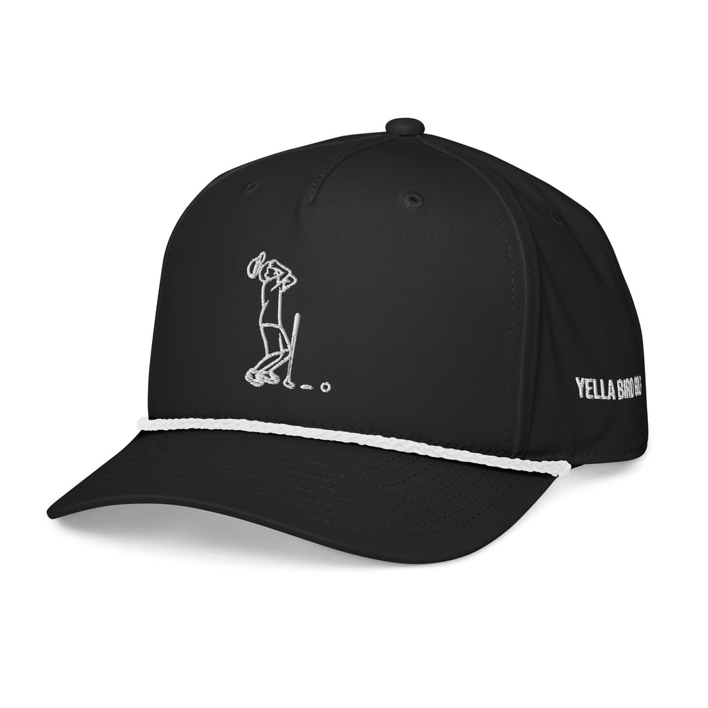 "Near Miss Society" golf rope hat in black with white rope, left front view