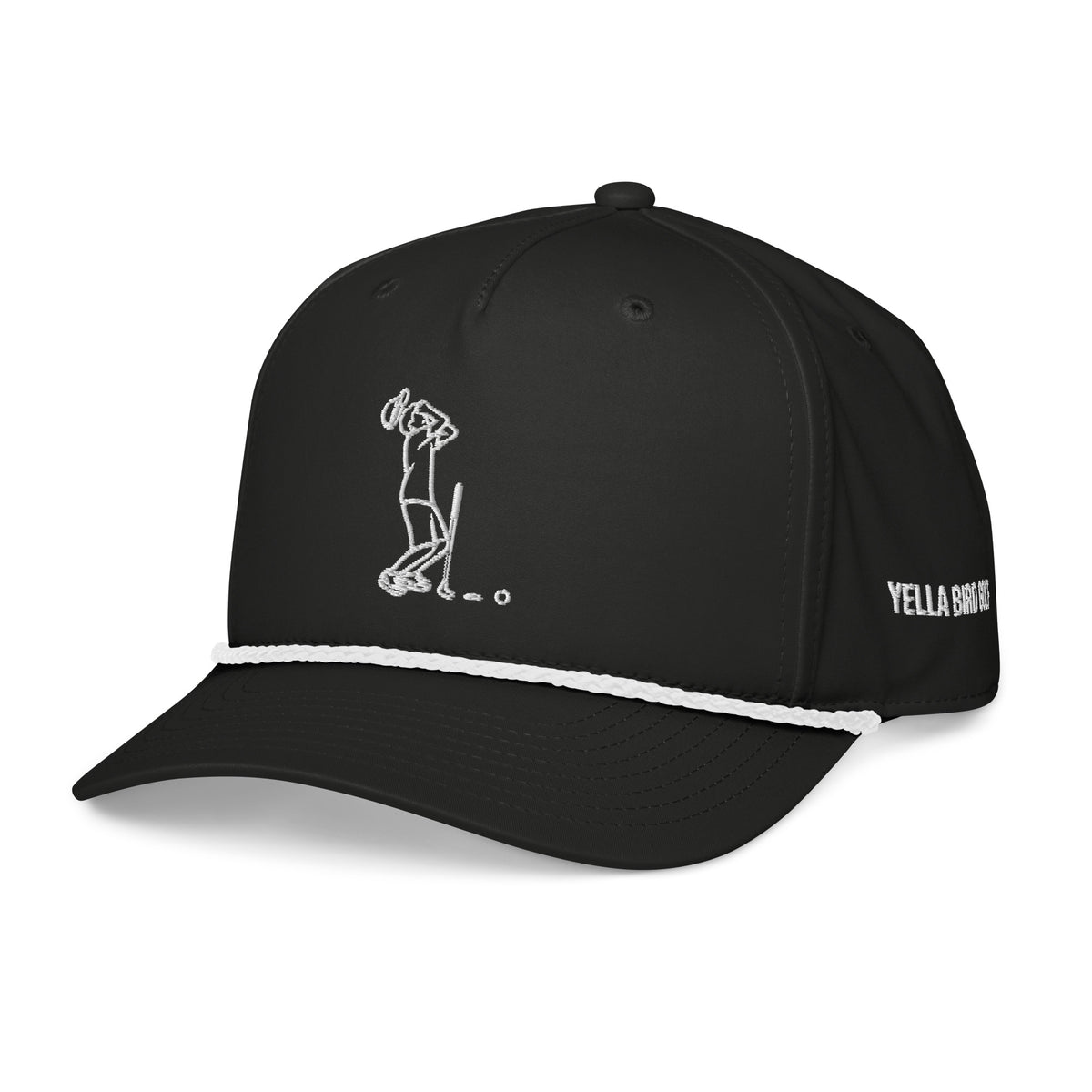 "Near Miss Society" golf rope hat in black with white rope, left front view