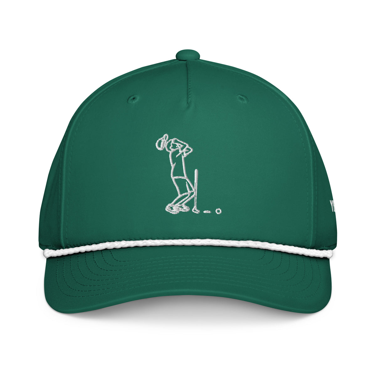"Near Miss Society" golf rope hat in Kelly green with white rope, front view