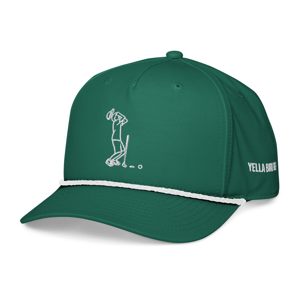 "Near Miss Society" golf rope hat in Kelly green with white rope, left front view