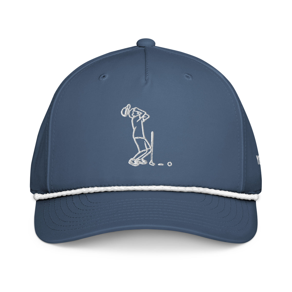 "Near Miss Society" golf rope hat in light blue with white rope, front view
