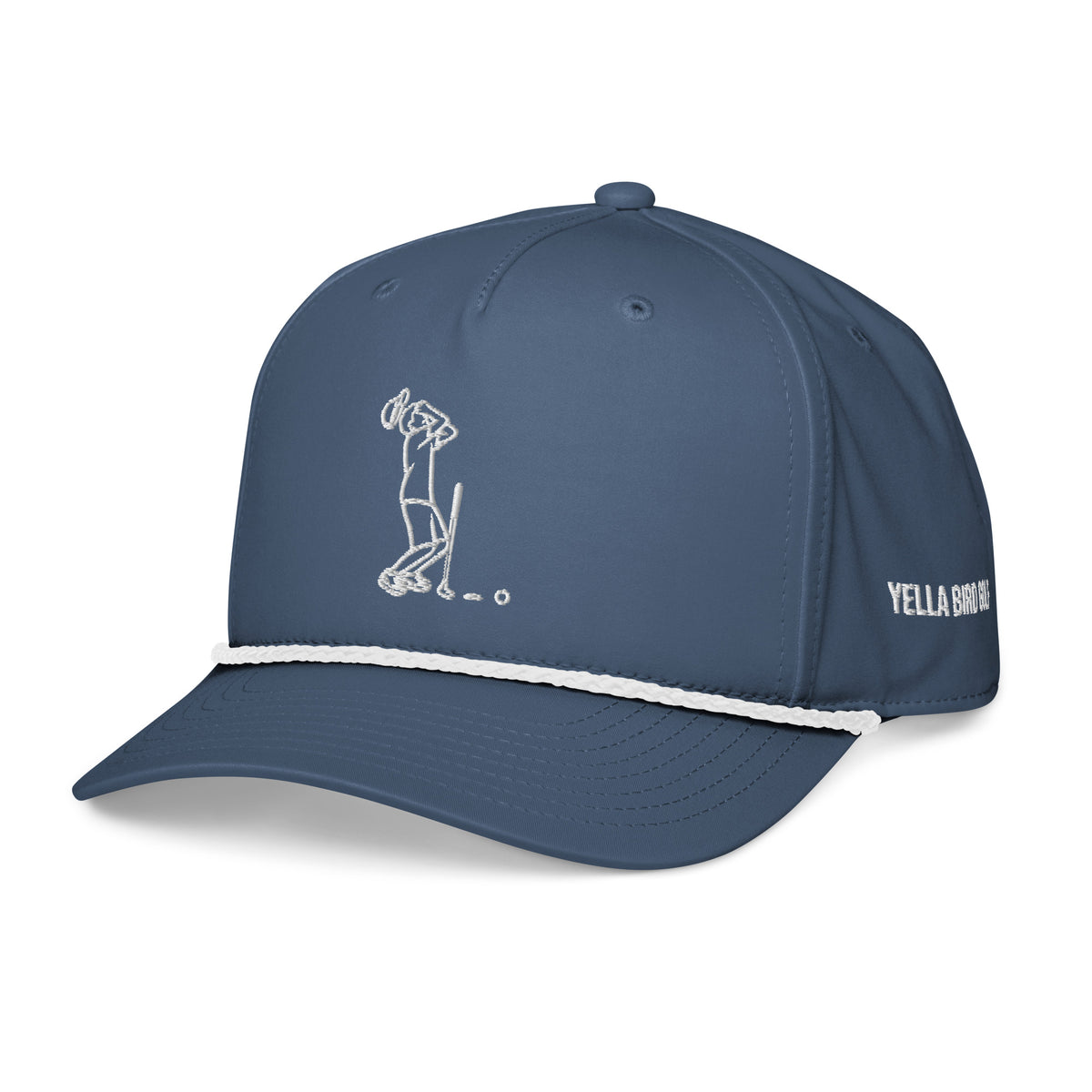 "Near Miss Society" golf rope hat in light blue with white rope, left front view