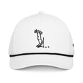 "Near Miss Society" golf rope hat, white with black rope, front view