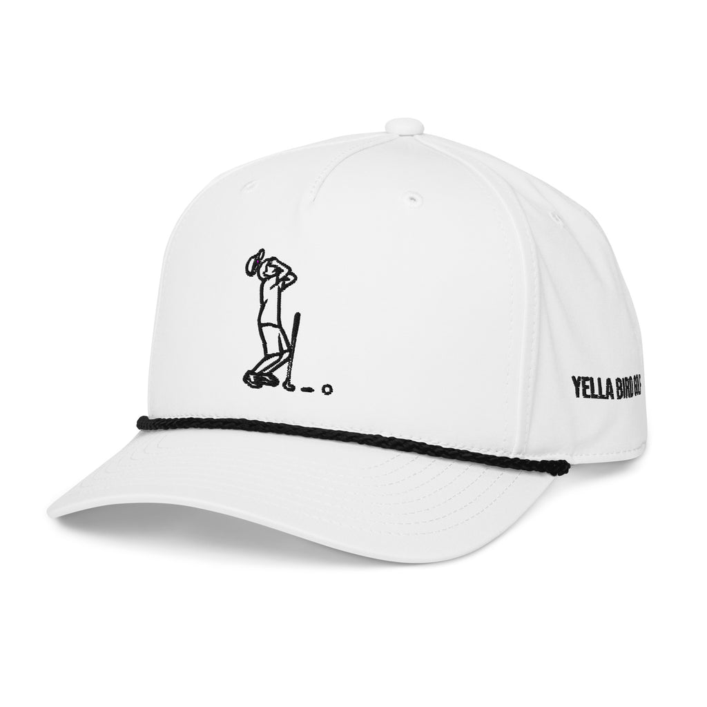 "Near Miss Society" golf rope hat, white with black rope, left front view