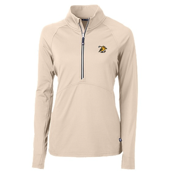 Women's Cutter & Buck soft knit golf half-zip with Yella Bird logo, Wheat