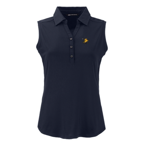 Women's Cutter & Buck sleeveless golf polo with Yella Bird logo, Navy Blue/White