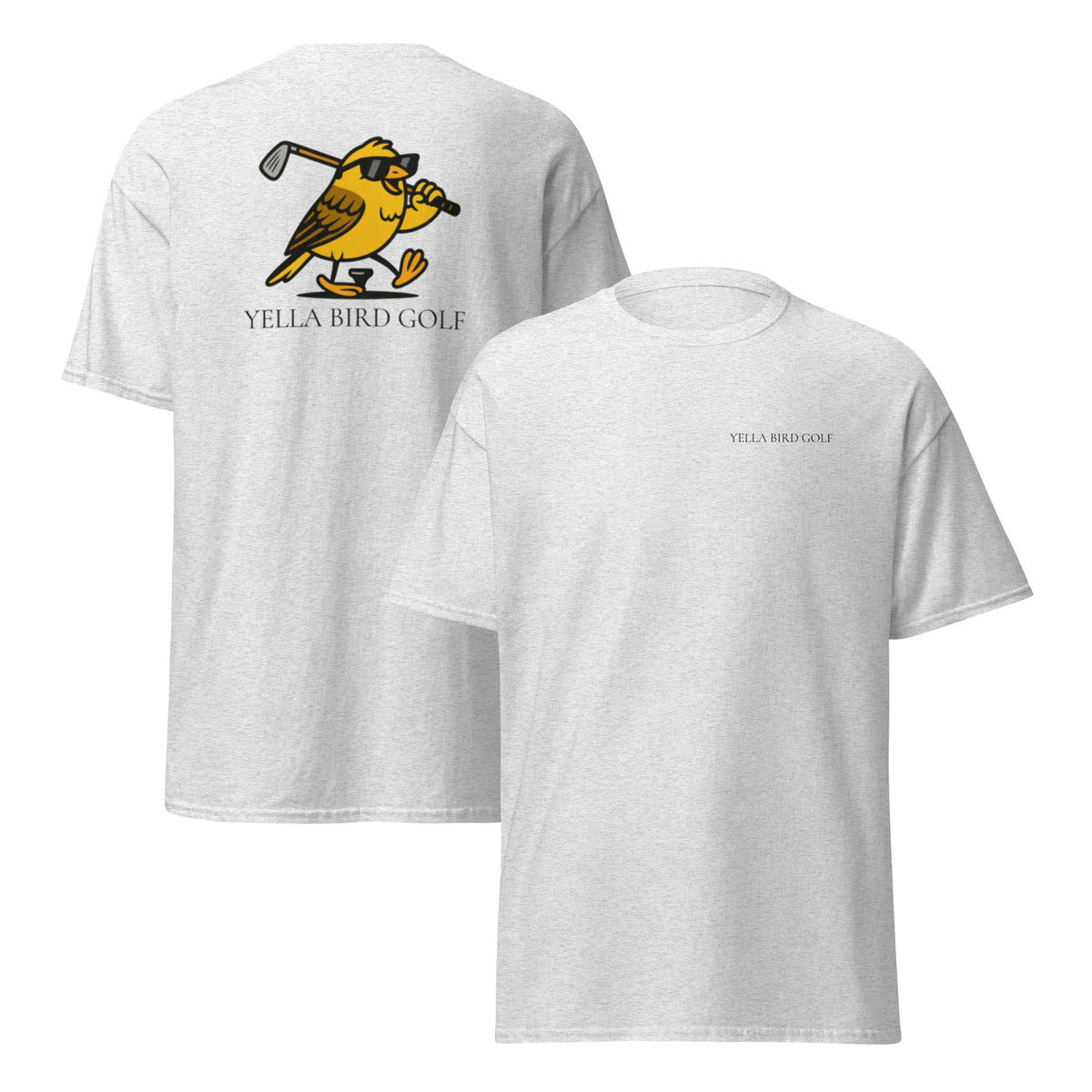 "Cool Yella Bird" classic golf tee in Ash, front and back view
