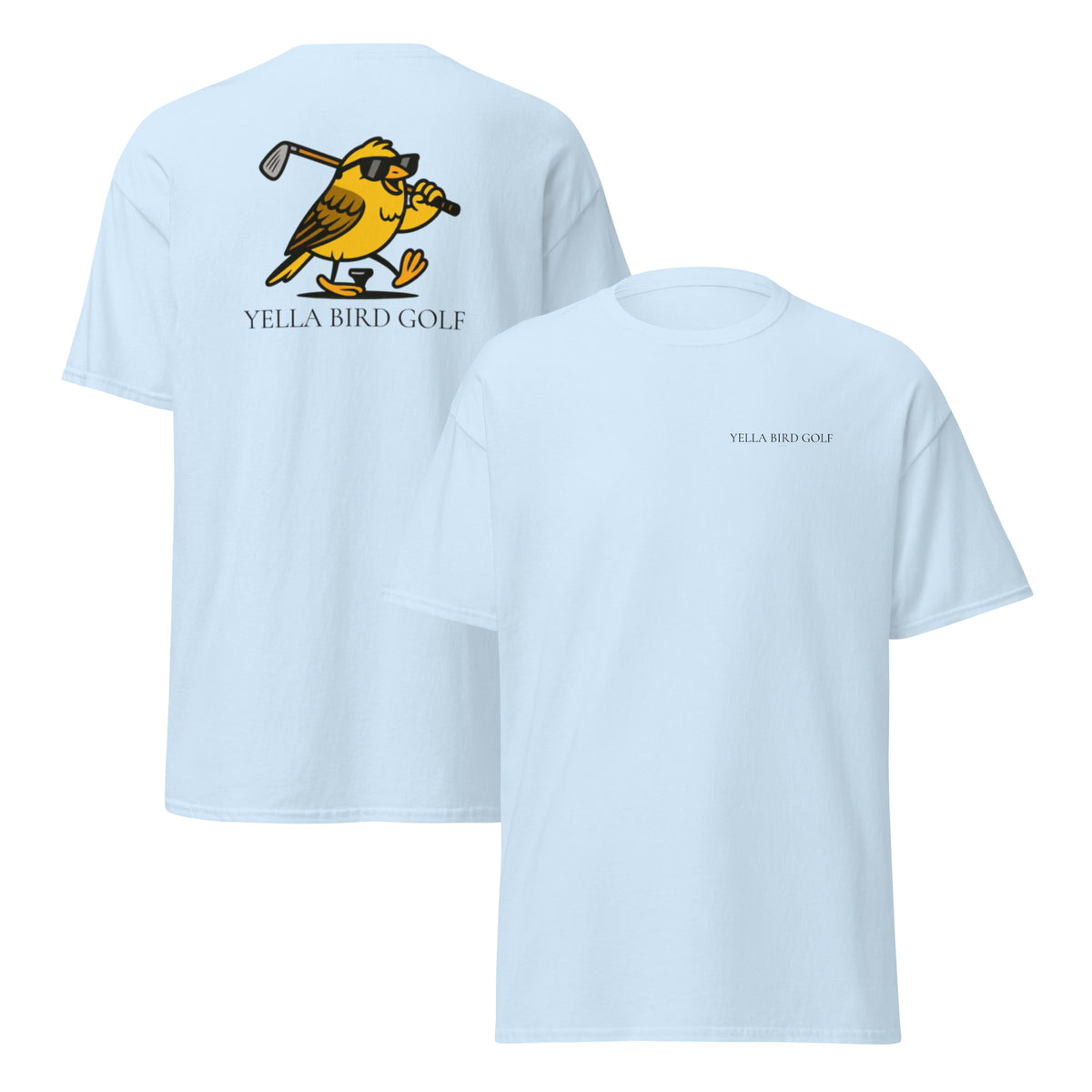 "Cool Yella Bird" classic golf tee in Light Blue, front and back view
