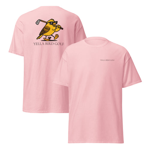 "Cool Yella Bird" classic golf tee in Light Pink, front and back view