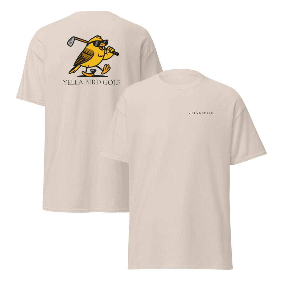"Cool Yella Bird" classic golf tee in Natural, front and back view
