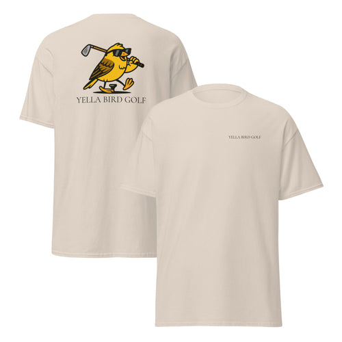 "Cool Yella Bird" classic golf tee in Natural, front and back view
