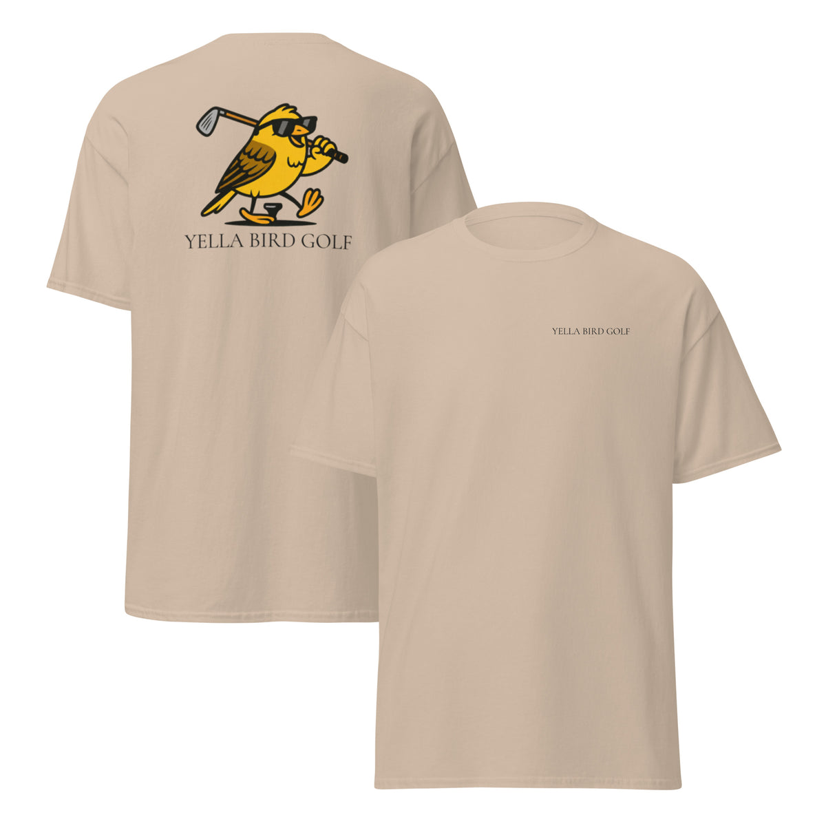 "Cool Yella Bird" classic golf tee in Sand, front and back view