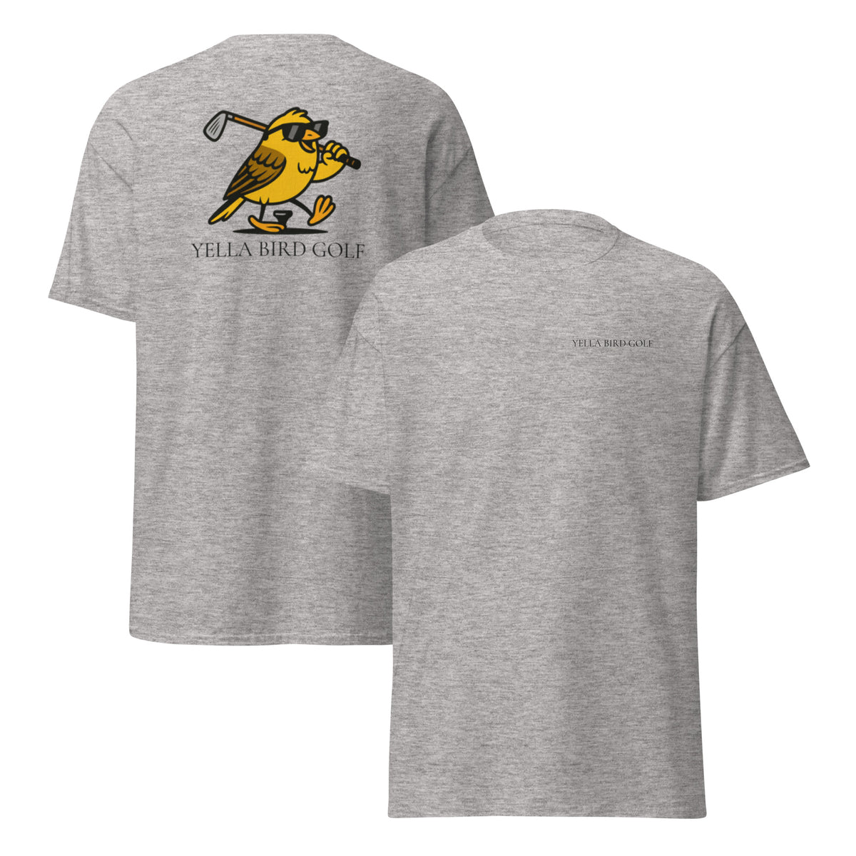 "Cool Yella Bird" classic golf tee in Sport Grey, front and back view