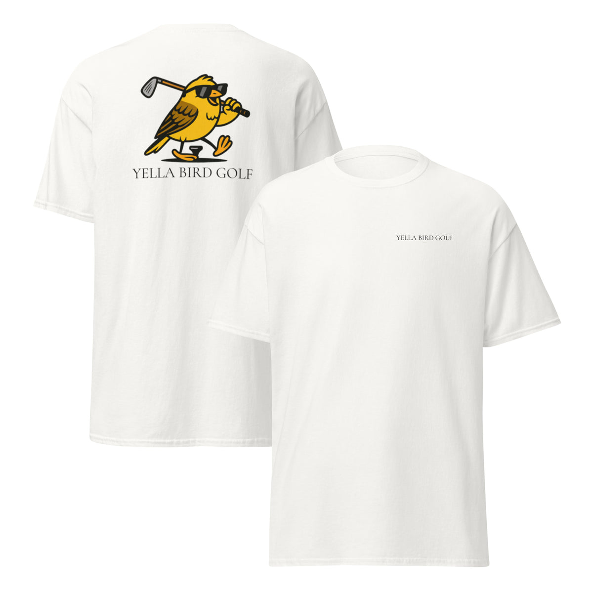 "Cool Yella Bird" classic golf tee in White, front and back view
