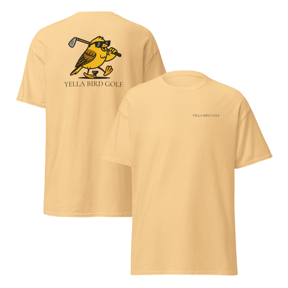 "Cool Yella Bird" classic golf tee in Yellow Haze, front and back view