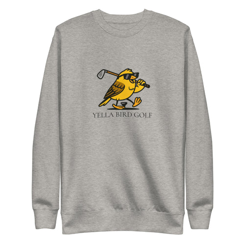 "Cool Yella Bird" golf crewneck sweatshirt in Carbon Grey, front view