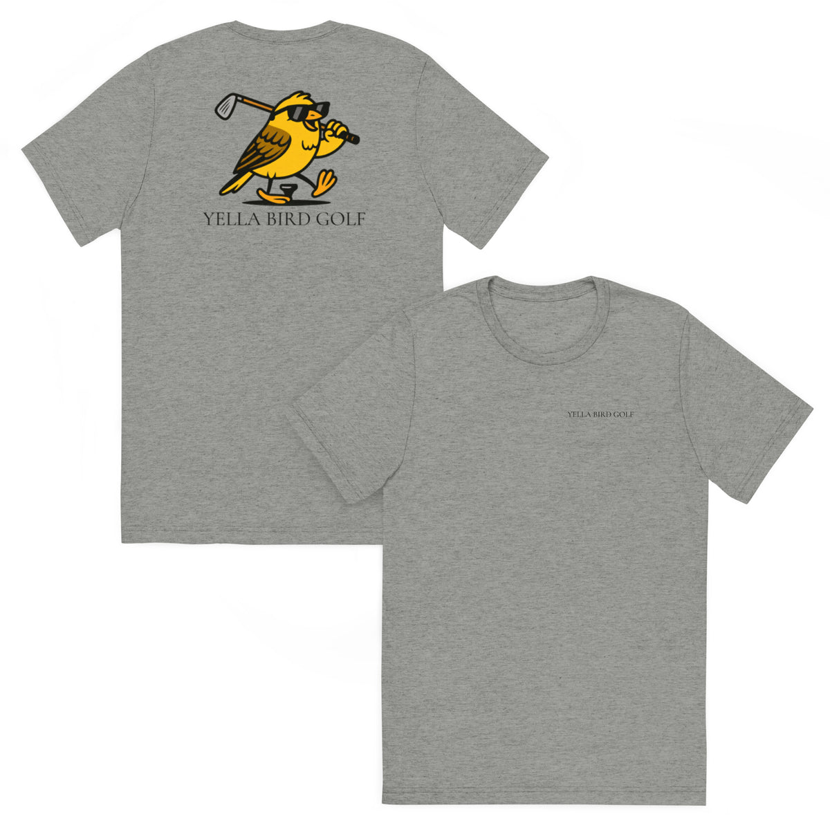 "Cool Yella Bird" blended golf tee in Athletic Grey Triblend, front and back view