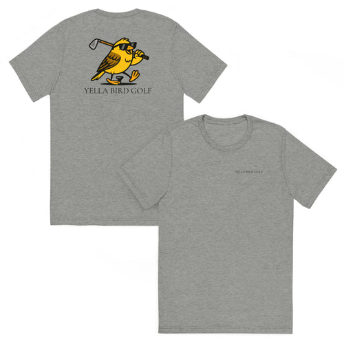 "Cool Yella Bird" blended golf tee in Athletic Grey Triblend, front and back view