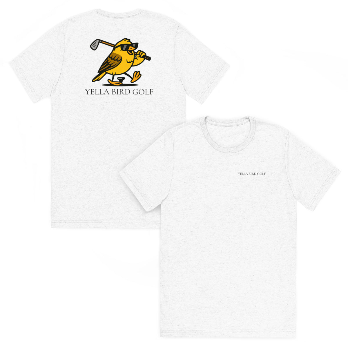 "Cool Yella Bird" blended golf tee in Solid White Triblend, front and back view