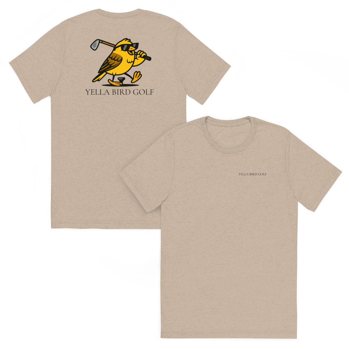"Cool Yella Bird" blended golf tee in Tan Triblend, front and back view