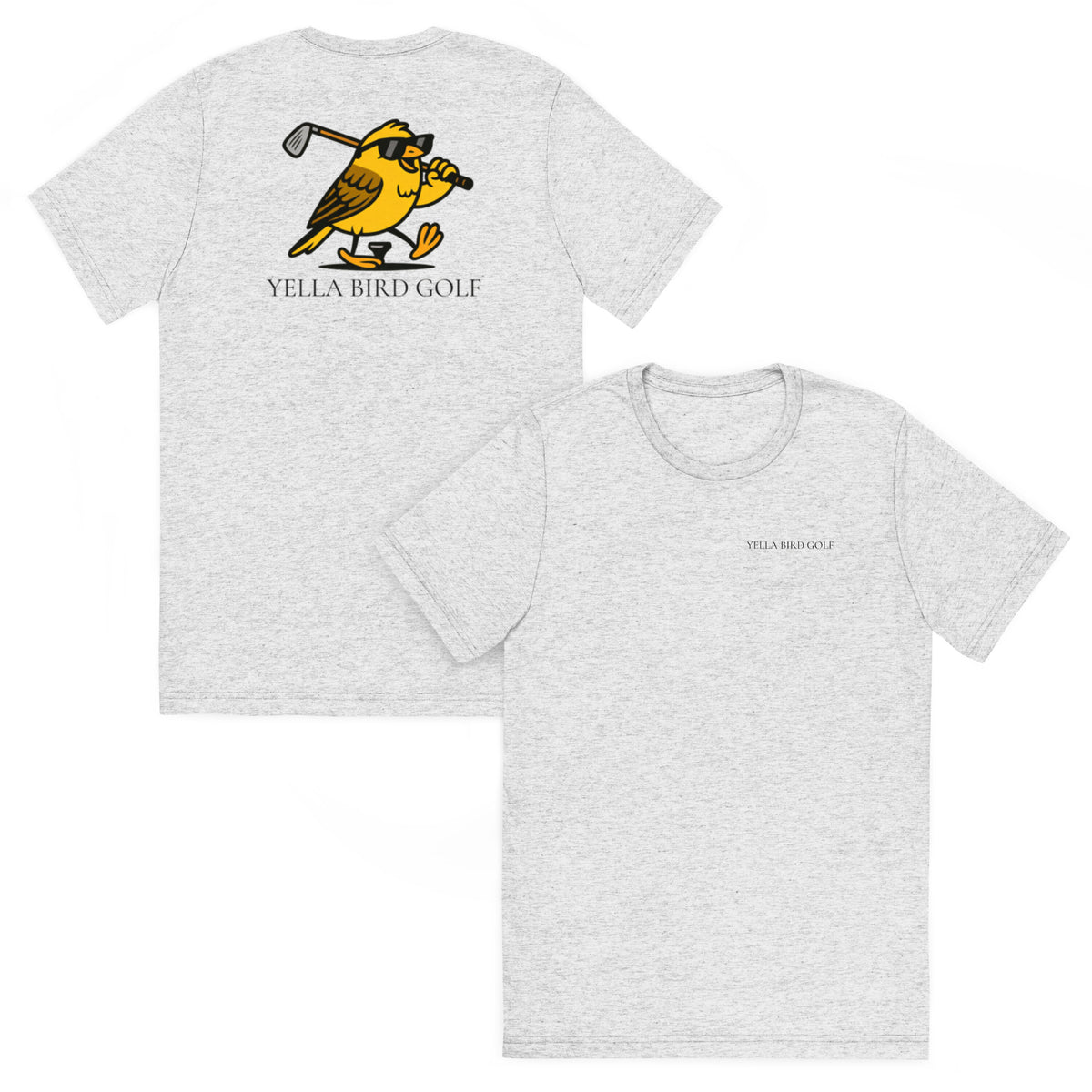 "Cool Yella Bird" blended golf tee in White Fleck Triblend, front and back view