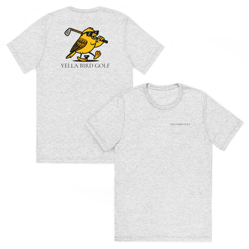 "Cool Yella Bird" blended golf tee in White Fleck Triblend, front and back view